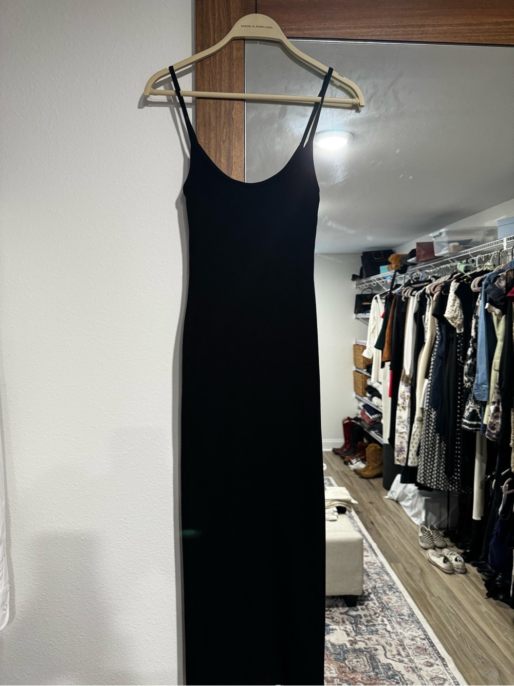 Meshki Sleek Black Spaghetti-Strap Midi Dress